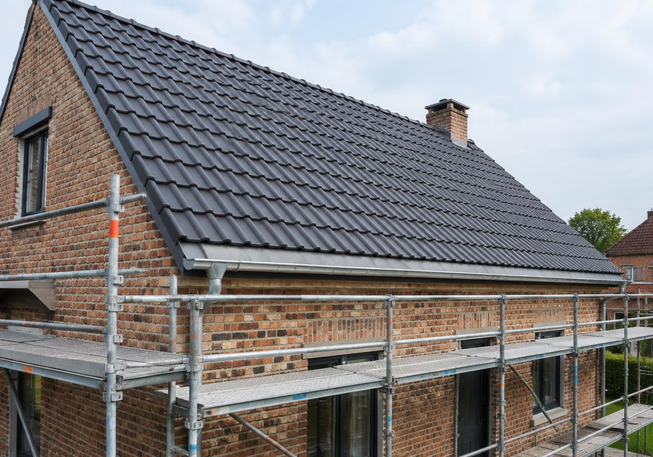 Illustratief beeld: vernieuwd pannendak op een bakstenen woning met stelling